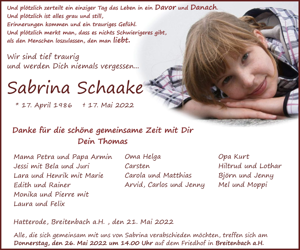  Traueranzeige für Sabrina Schaake vom 21.05.2022 aus HZ