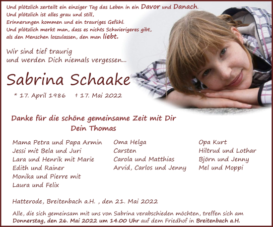 Traueranzeige von Sabrina Schaake von HZ