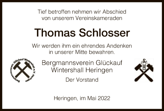 Traueranzeige von Thomas Schlosser von HZ