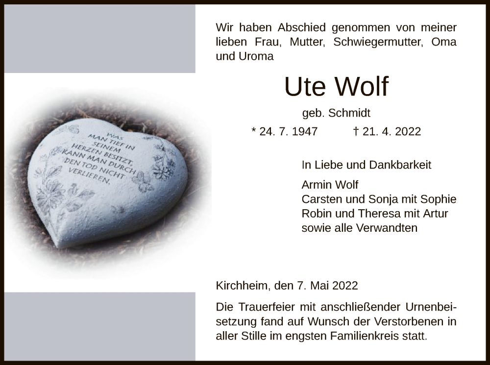 Traueranzeige für Ute Wolf vom 07.05.2022 aus HZ