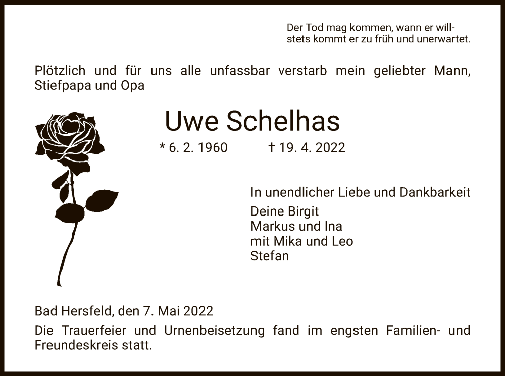  Traueranzeige für Uwe Schelhas vom 07.05.2022 aus HZ