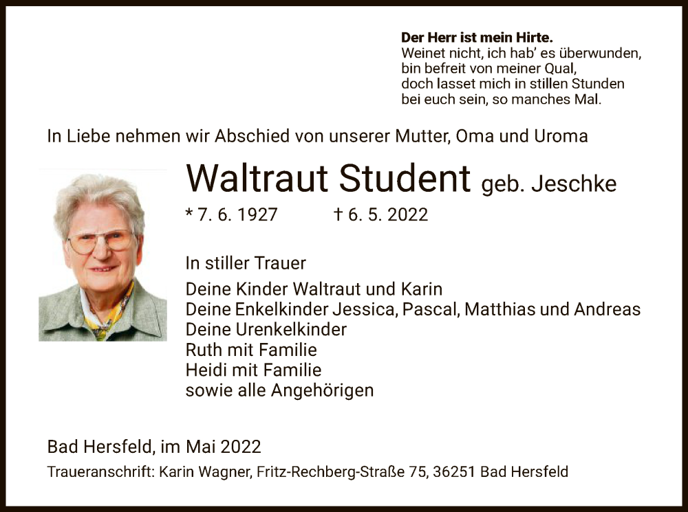  Traueranzeige für Waltraut Student vom 07.05.2022 aus HZ