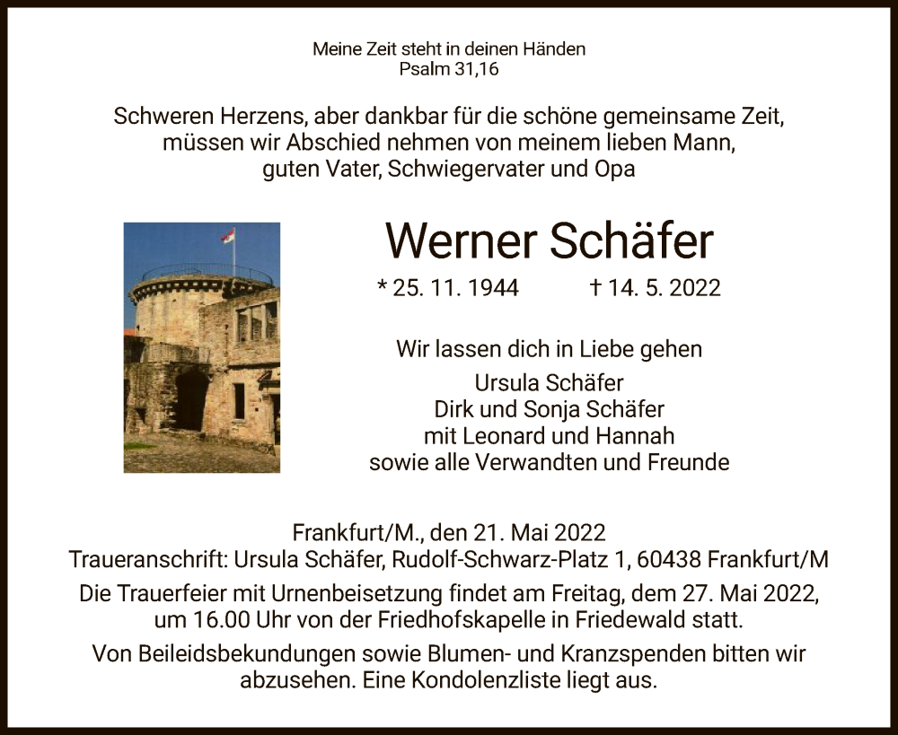  Traueranzeige für Werner Schäfer vom 21.05.2022 aus HZ