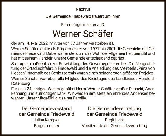 Traueranzeige von Werner Schäfer von HZ