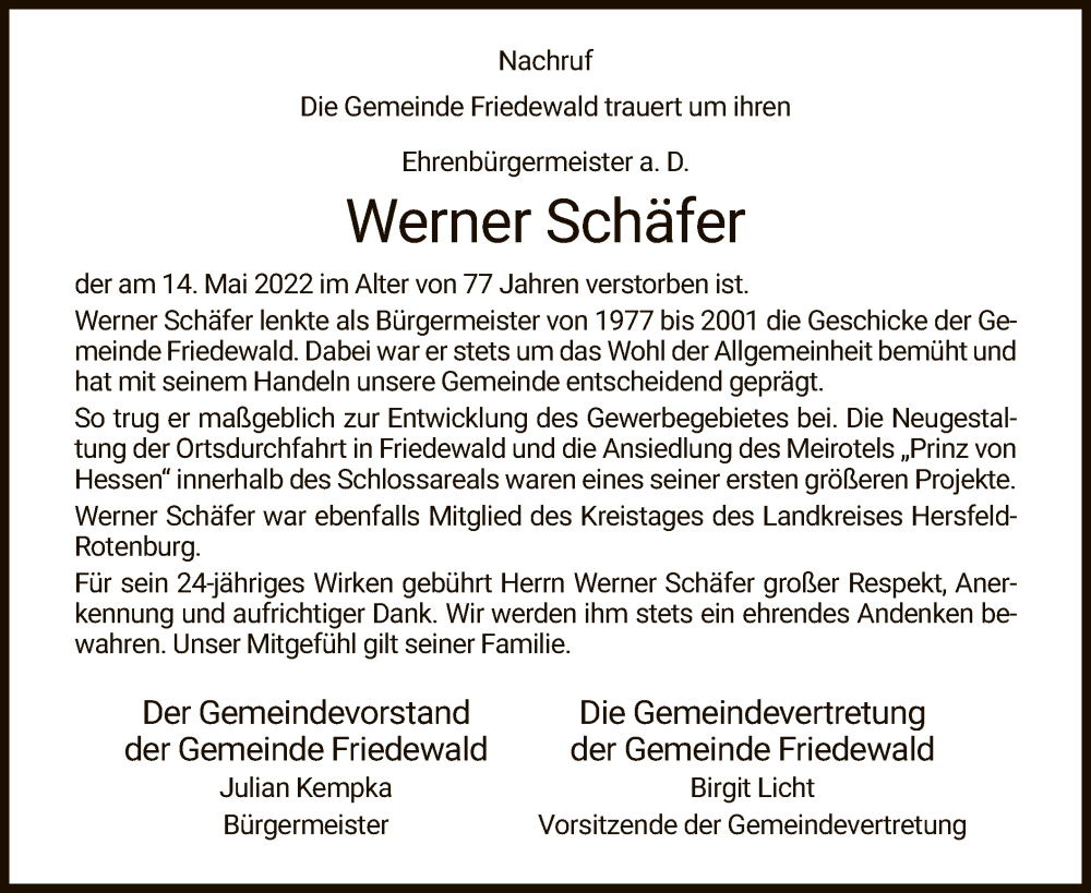  Traueranzeige für Werner Schäfer vom 21.05.2022 aus HZ