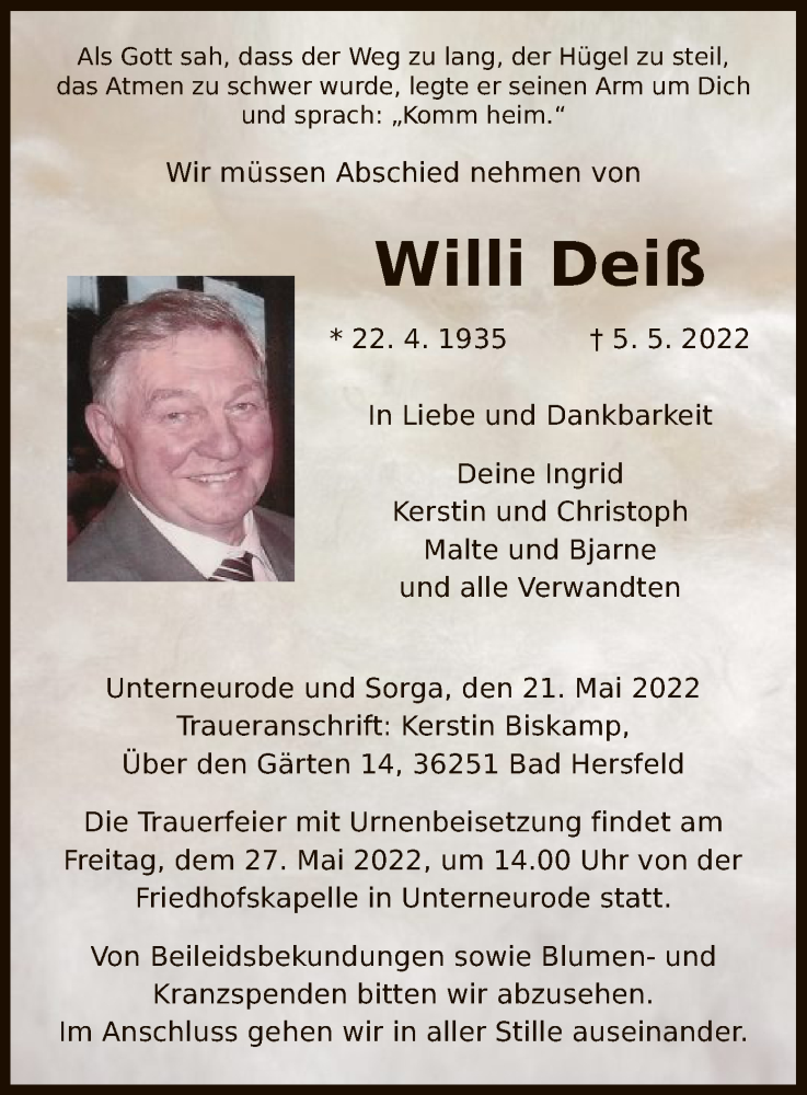  Traueranzeige für Willi Deiß vom 21.05.2022 aus HZ