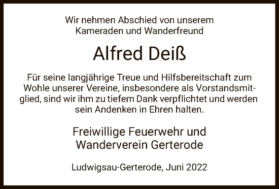 Traueranzeige von Alfred Deiß von HZ