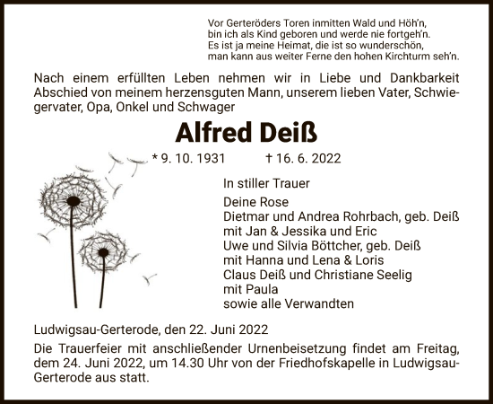 Traueranzeige von Alfred Deiß von HZ