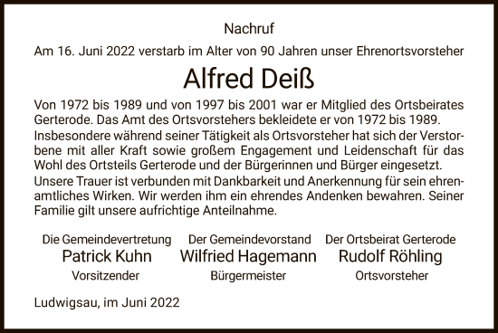 Traueranzeige von Alfred Deiß von HZ
