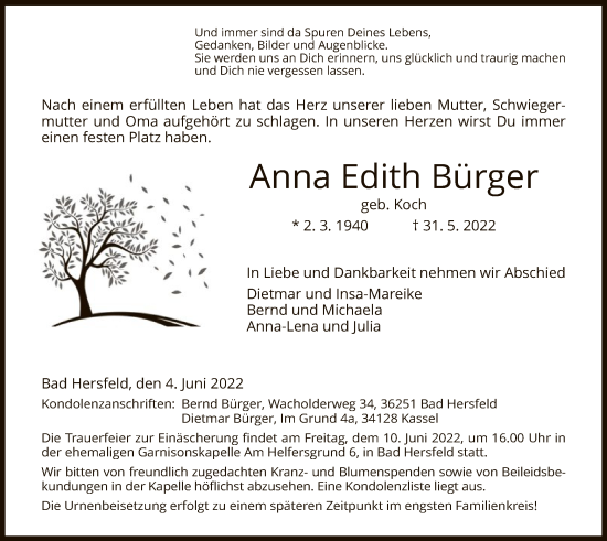 Traueranzeige von Anna Edith Bürger von HZ