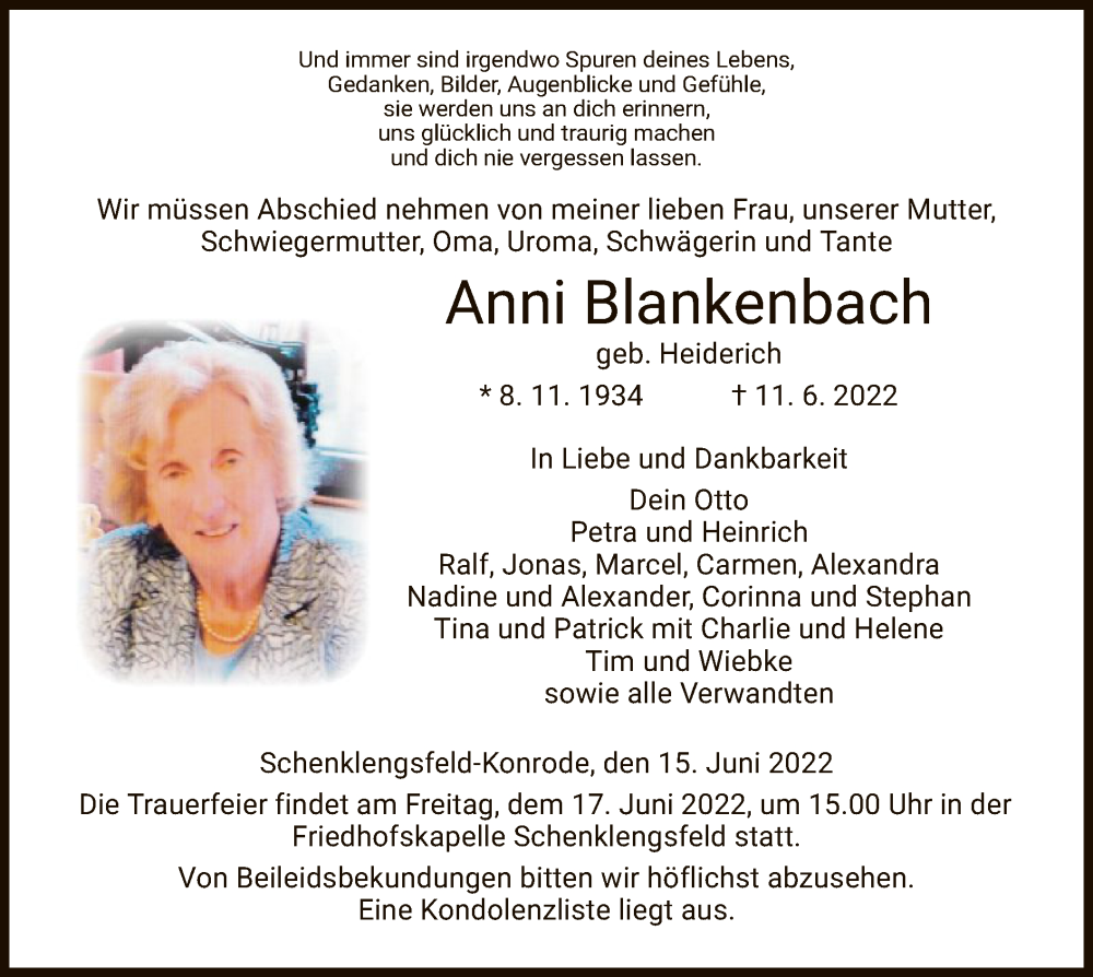 Traueranzeige für Anni Blankenbach vom 15.06.2022 aus HZ