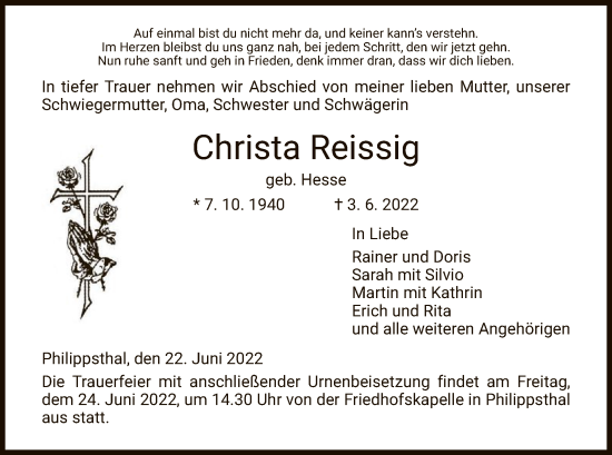 Traueranzeige von Christa Reissig von HZ