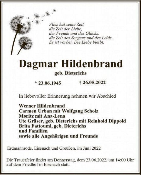 Traueranzeige von Dagmar Hildenbrand von HZ