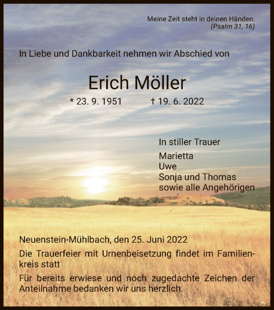 Traueranzeige von Erich Möller von HZ