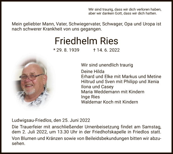 Traueranzeige von Friedhelm Ries von HZ