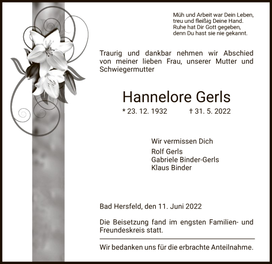 Traueranzeige von Hannelore Gerls von HZ