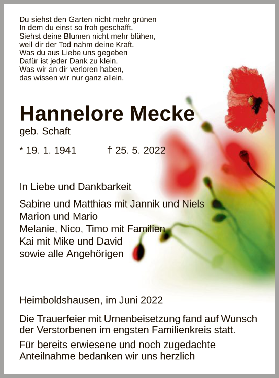 Traueranzeige von Hannelore Mecke von HZ