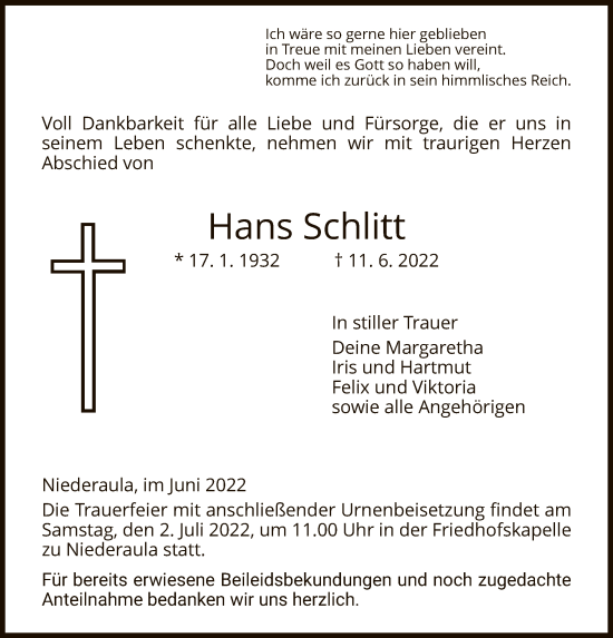 Traueranzeige von Hans Schlitt von HZ