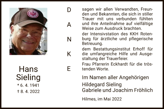 Traueranzeige von Hans Sieling von HZ