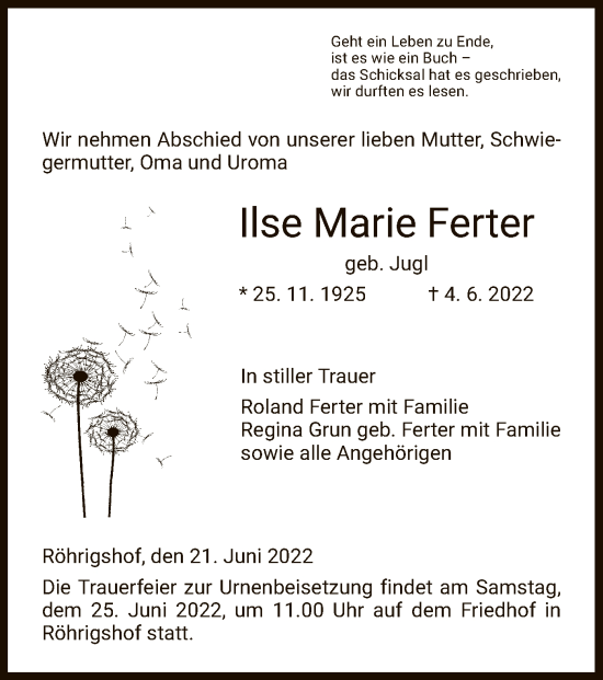 Traueranzeige von Ilse Marie Ferter von HZ