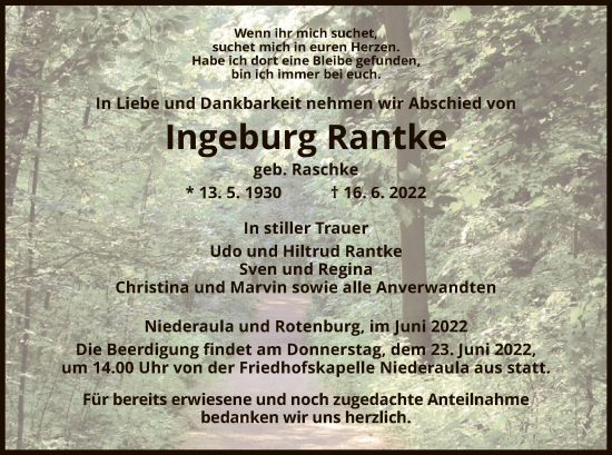 Traueranzeige von Ingeburg Rantke von HZ