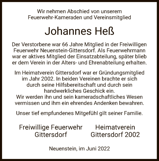 Traueranzeige von Johannes Heß von HZ