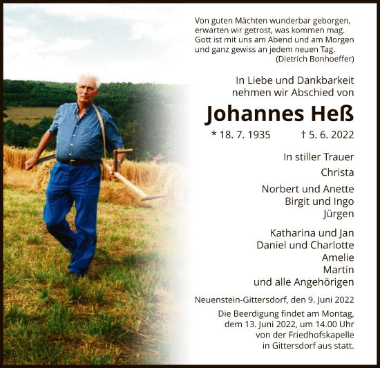 Traueranzeige von Johannes Heß von HZ