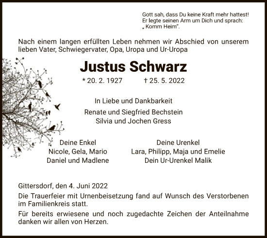 Traueranzeige von Justus Schwarz von HZ