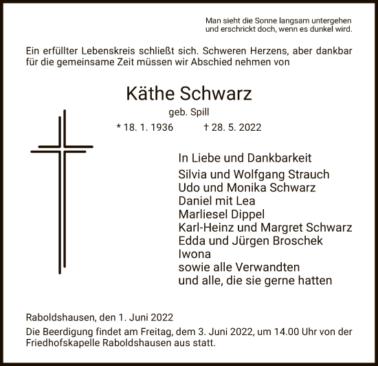 Traueranzeige von Käthe Schwarz von HZ