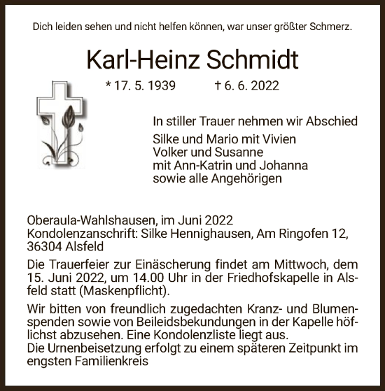 Traueranzeige von Karl-Heinz Schmidt von HZ