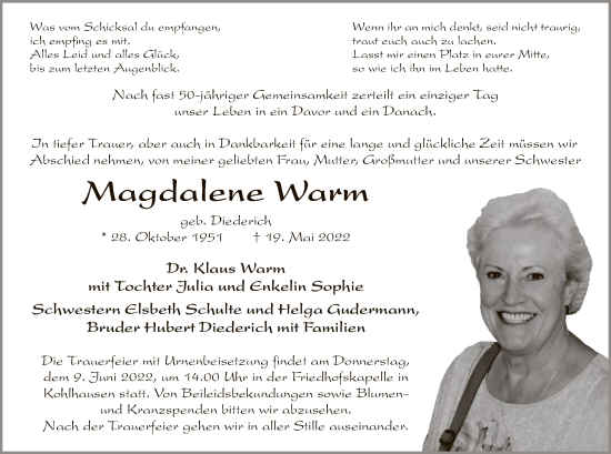 Traueranzeige von Magdalene Warm von HZ