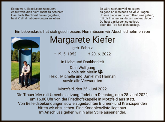 Traueranzeige von Margarete Kiefer von HZ