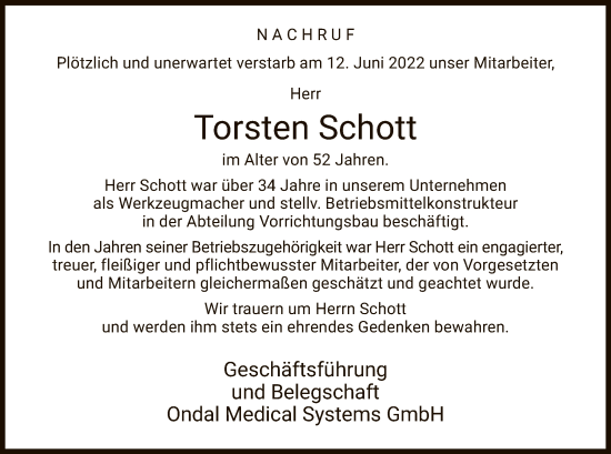 Traueranzeige von Torsten Schott von HZ