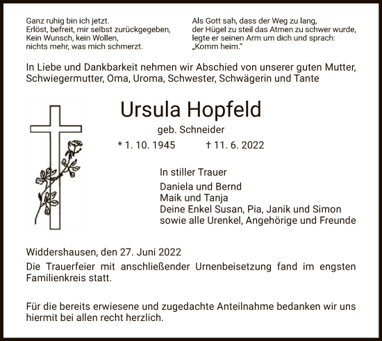 Traueranzeige von Ursula Hopfeld von HZ