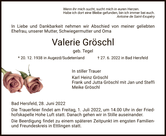 Traueranzeige von Valerie Gröschl von HZ