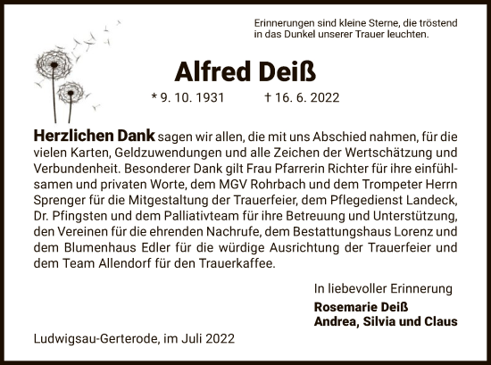 Traueranzeige von Alfred Deiß von HZ