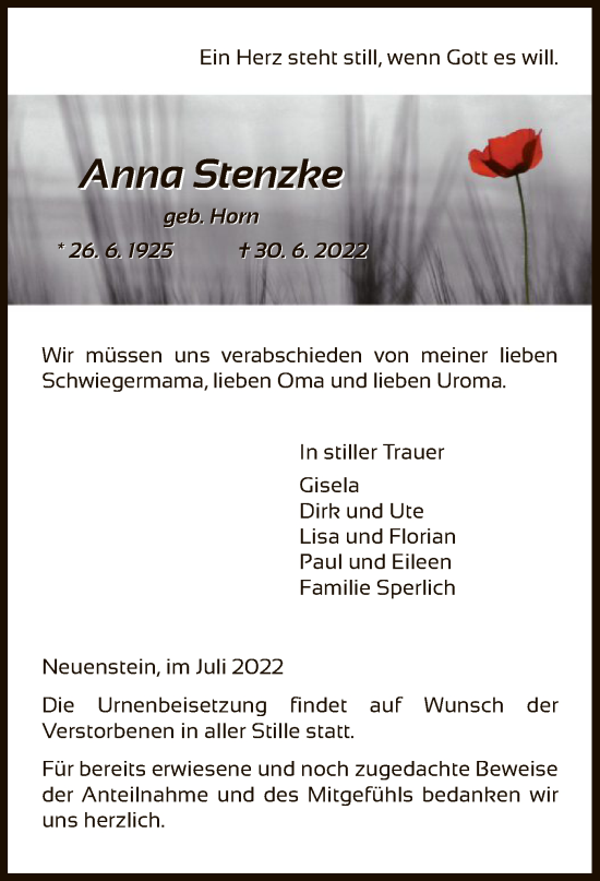 Traueranzeige von Anna Stenzke von HZ