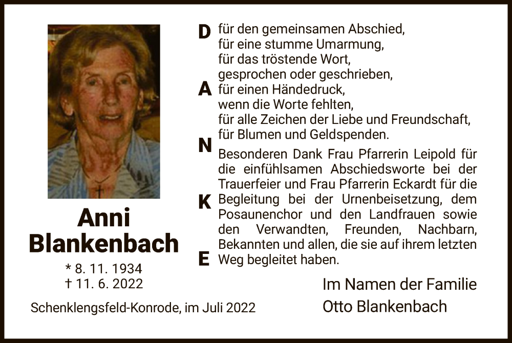  Traueranzeige für Anni Blankenbach vom 30.07.2022 aus HZ
