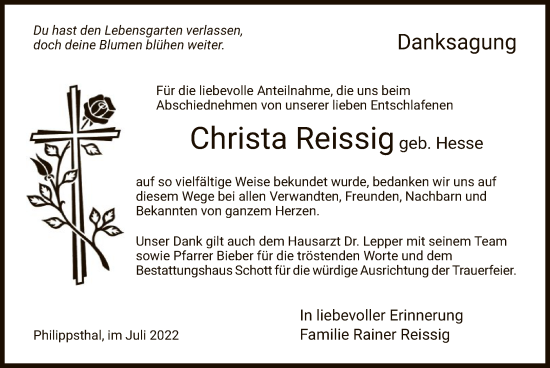 Traueranzeige von Christa Reissig von HNA