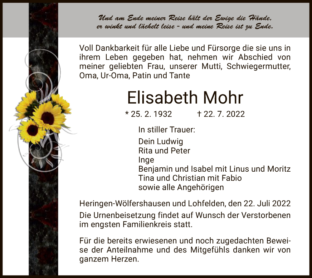 Traueranzeige für Elisabeth Mohr vom 30.07.2022 aus HZ
