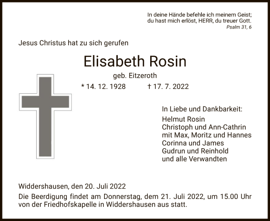 Traueranzeige von Elisabeth Rosin von HZ