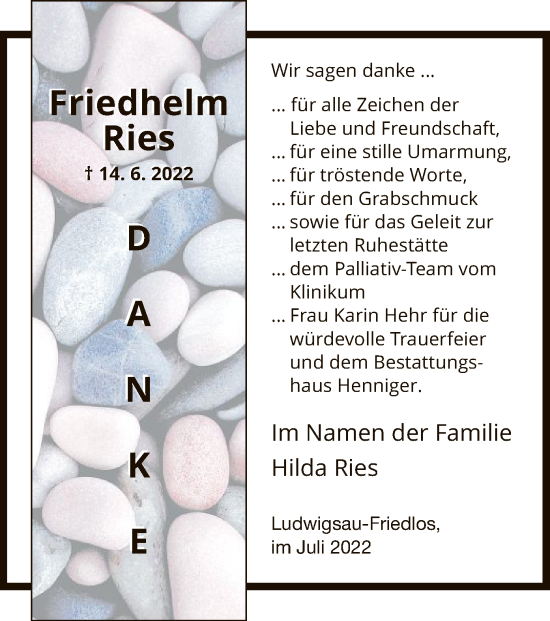 Traueranzeige von Friedhelm Ries von HZ