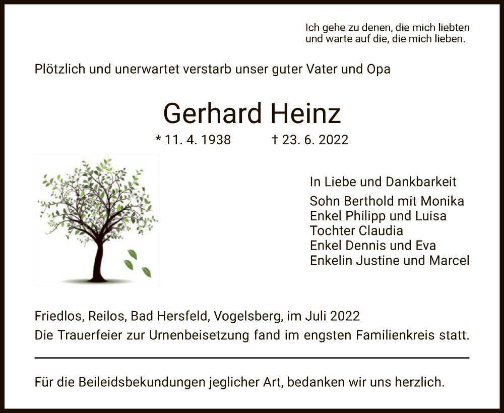  Traueranzeige für Gerhard Heinz vom 11.07.2022 aus HZ