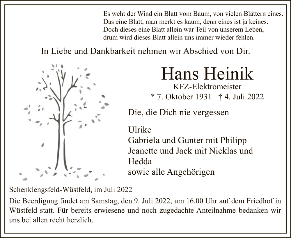  Traueranzeige für Hans Heinik vom 08.07.2022 aus HZ