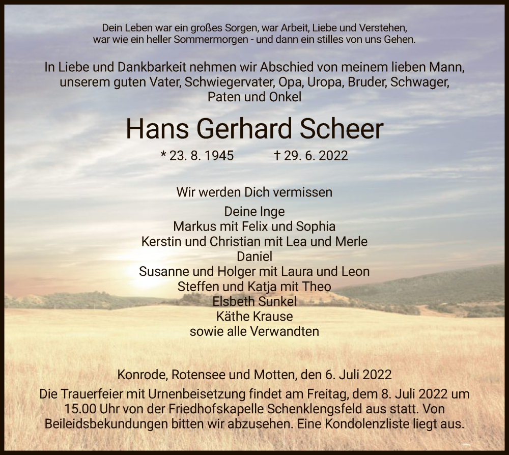  Traueranzeige für Hans Gerhard Scheer vom 06.07.2022 aus HZ