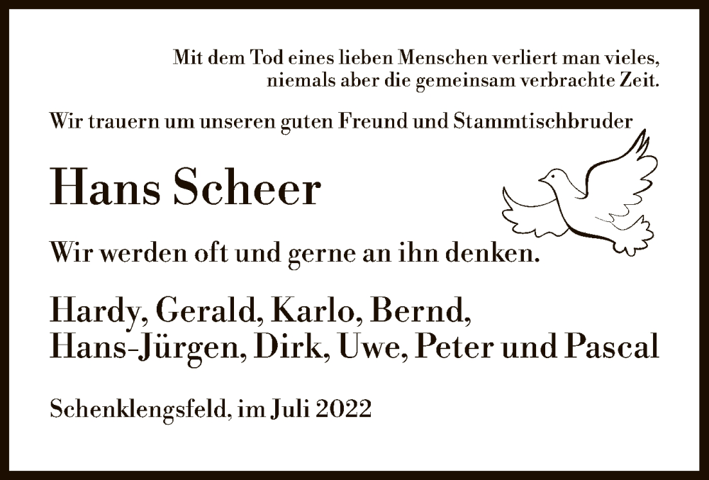  Traueranzeige für Hans Gerhard Scheer vom 06.07.2022 aus HZ