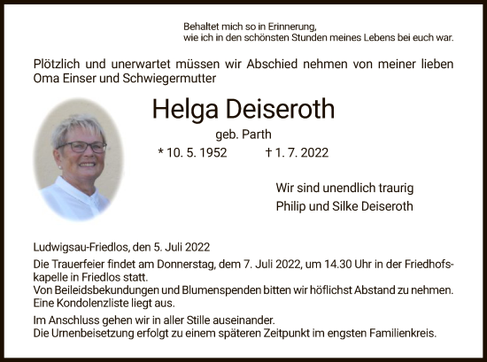 Traueranzeige von Helga Deiseroth von HZ