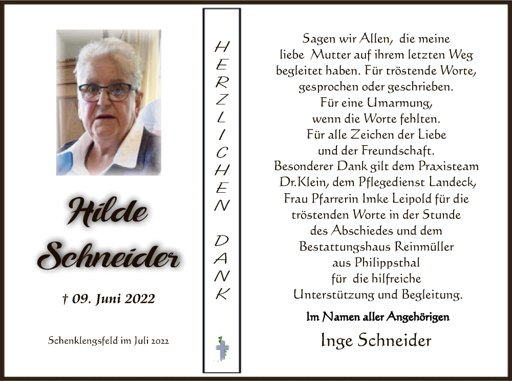  Traueranzeige für Hilde Schneider vom 16.07.2022 aus HZ