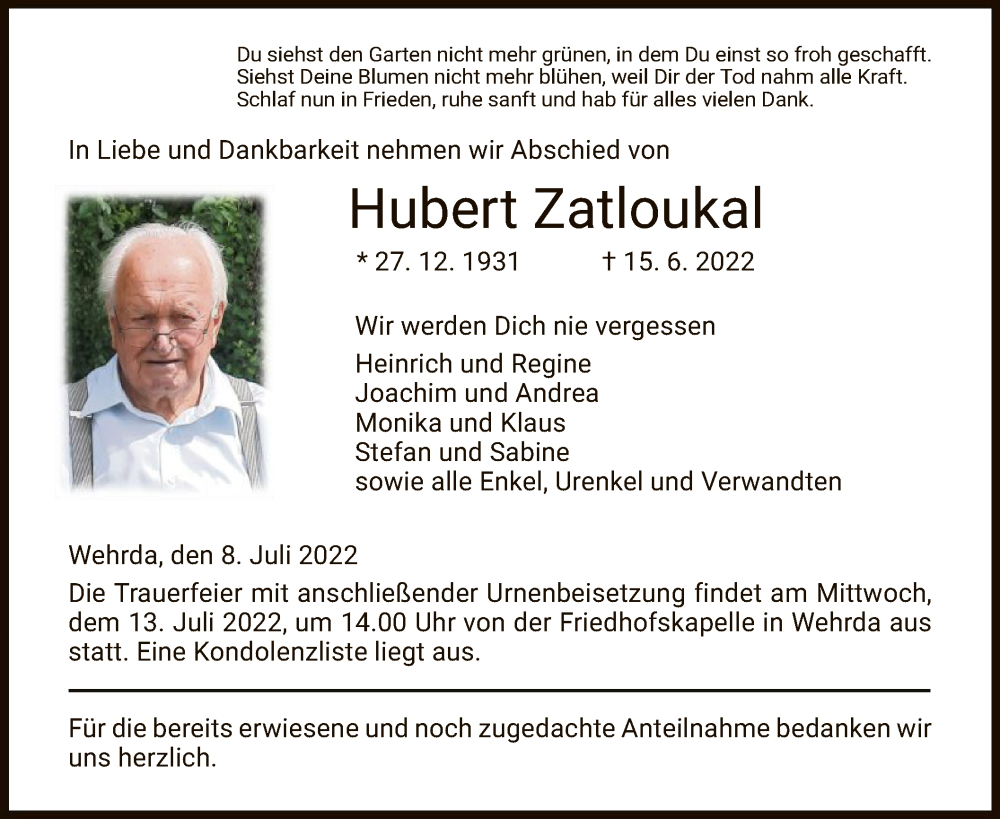  Traueranzeige für Hubert Zatloukal vom 08.07.2022 aus HZ