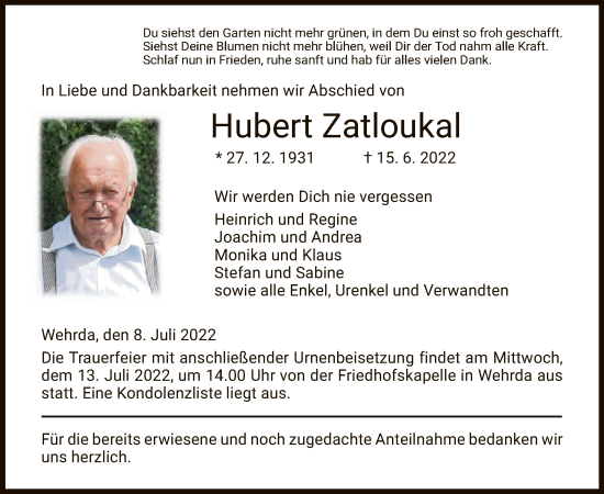 Traueranzeige von Hubert Zatloukal von HZ